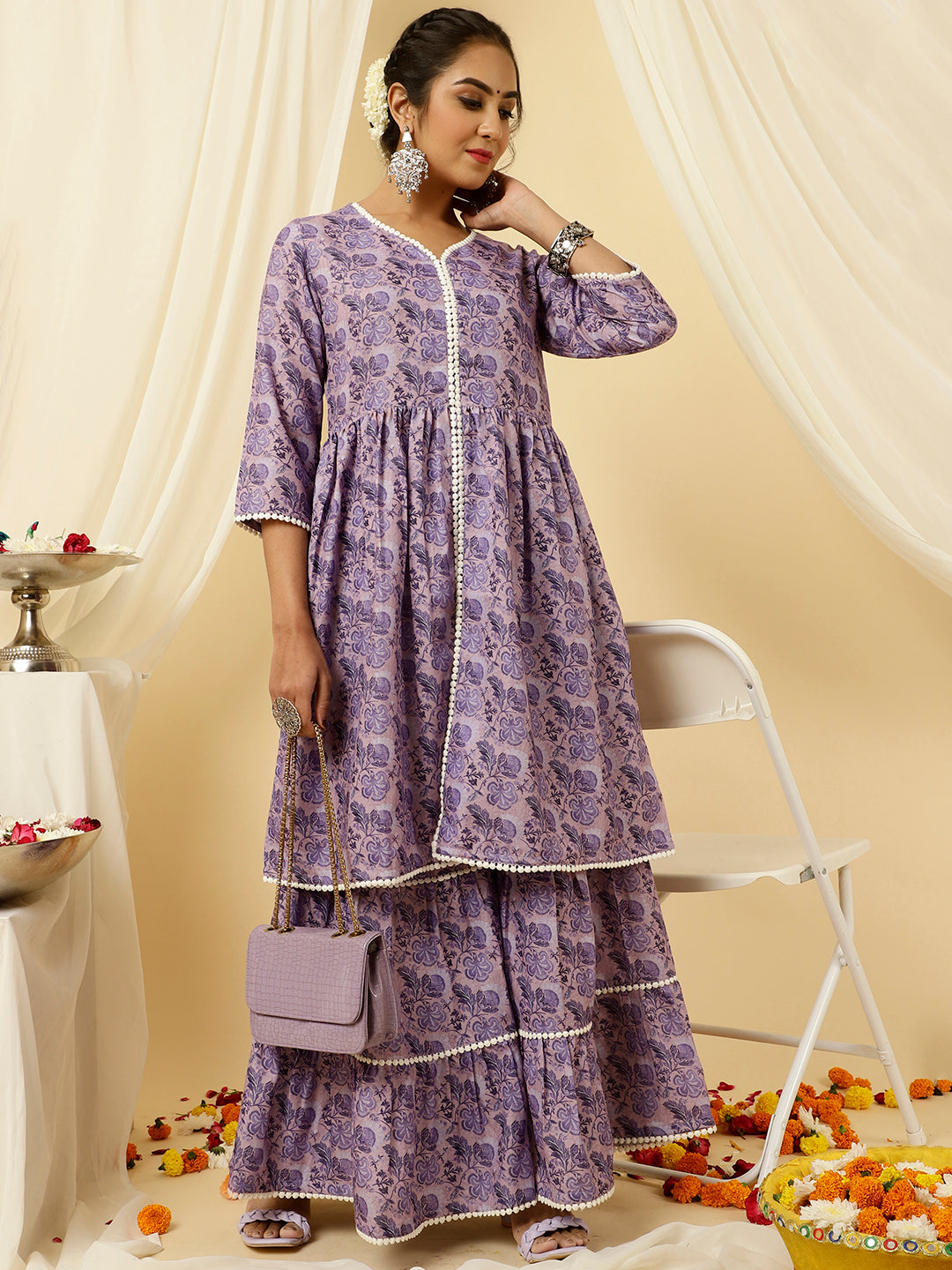 Lavender Floral Print Flared Kurta With Sharara