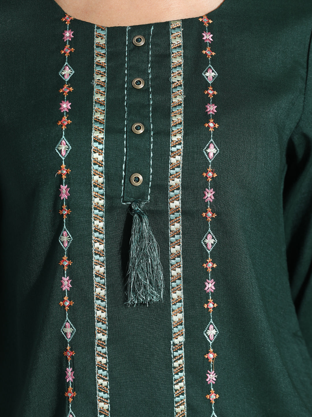 Bottle Green Embroidered Party Wear A-line Top
