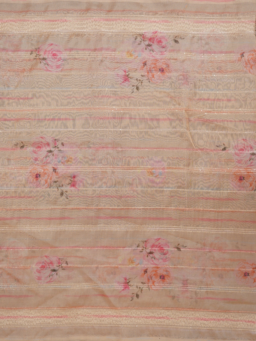 Beige Floral Printed Silk Zari Woven Dress Material with Dupatta