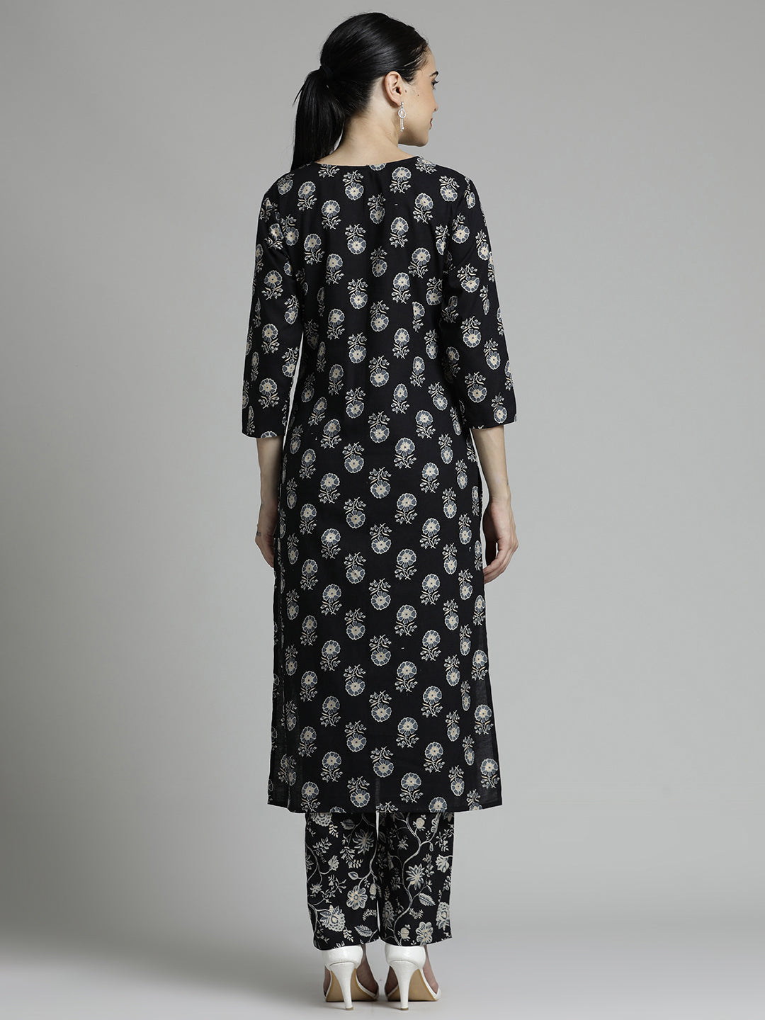 Ethnic Printed Cotton Black Kurta Set With Dupatta