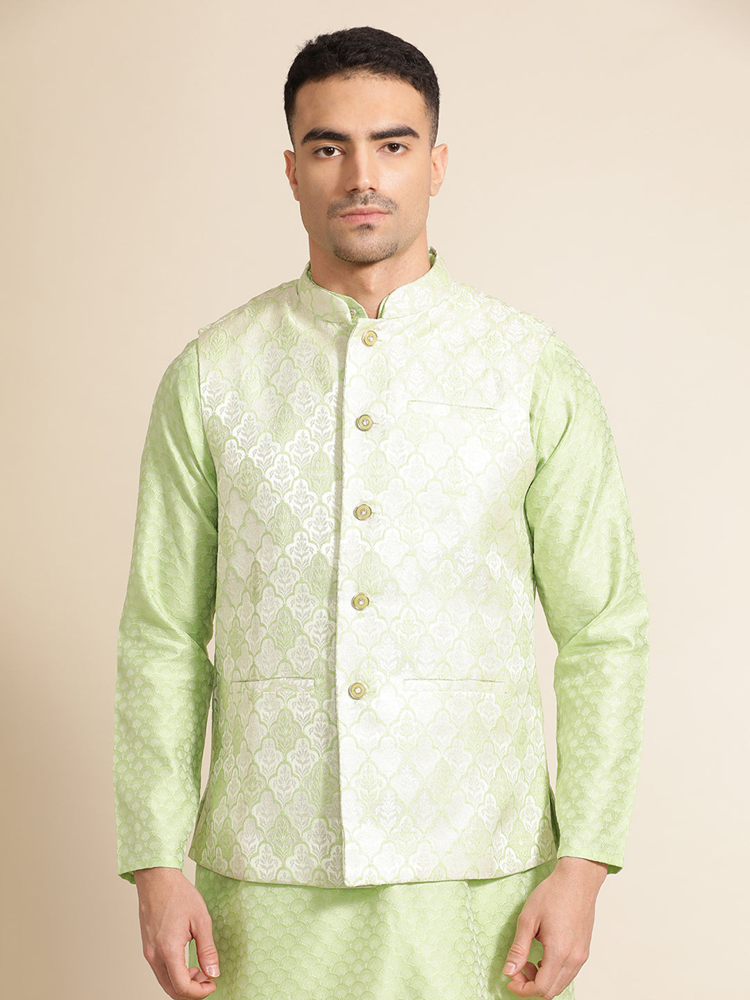 Pista Green Silk Blend Kurta With Woven Design Nehru Jacket Set