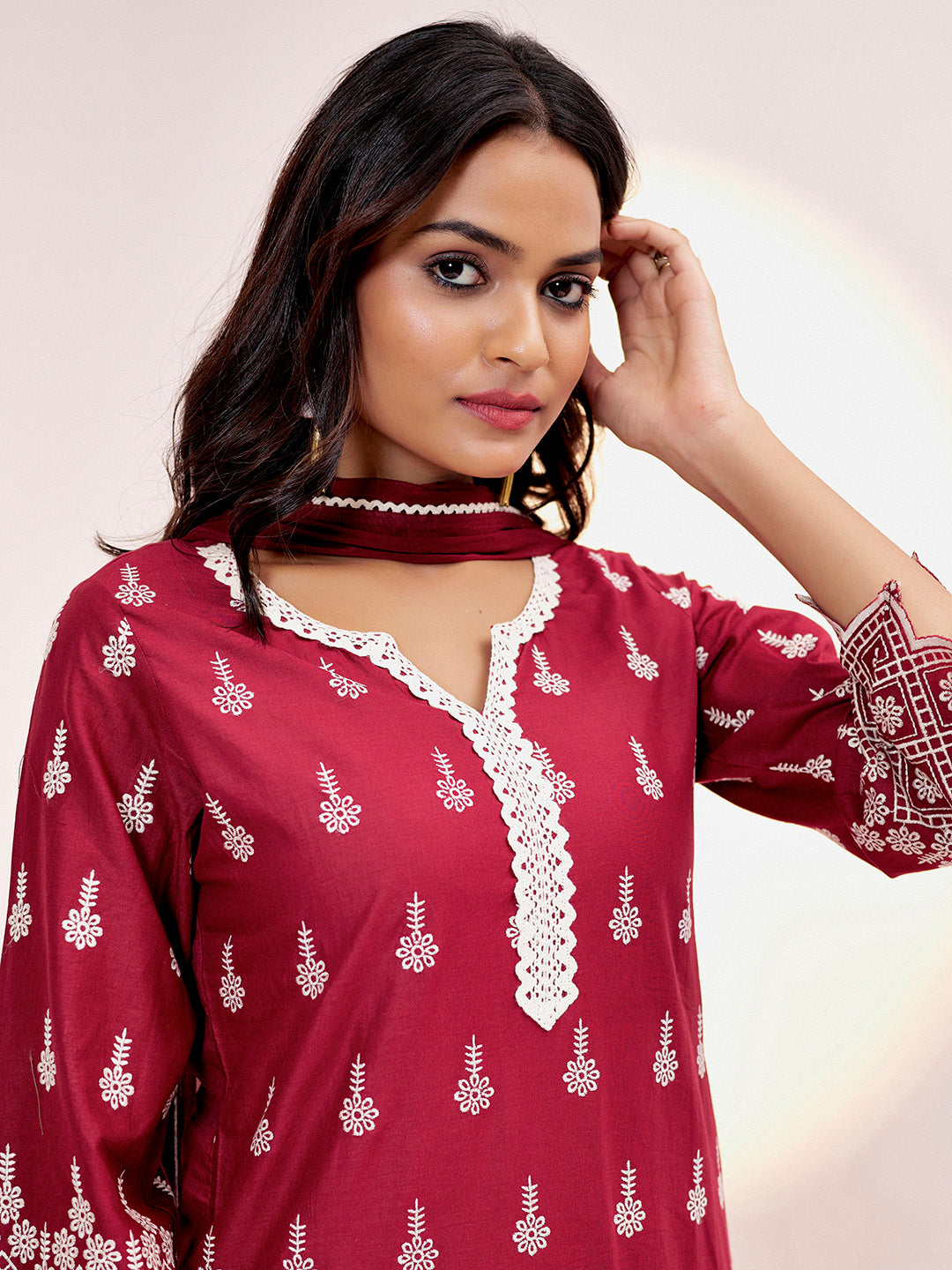 Maroon Embroidered Cotton Schiffli Kurta Set With Dupatta