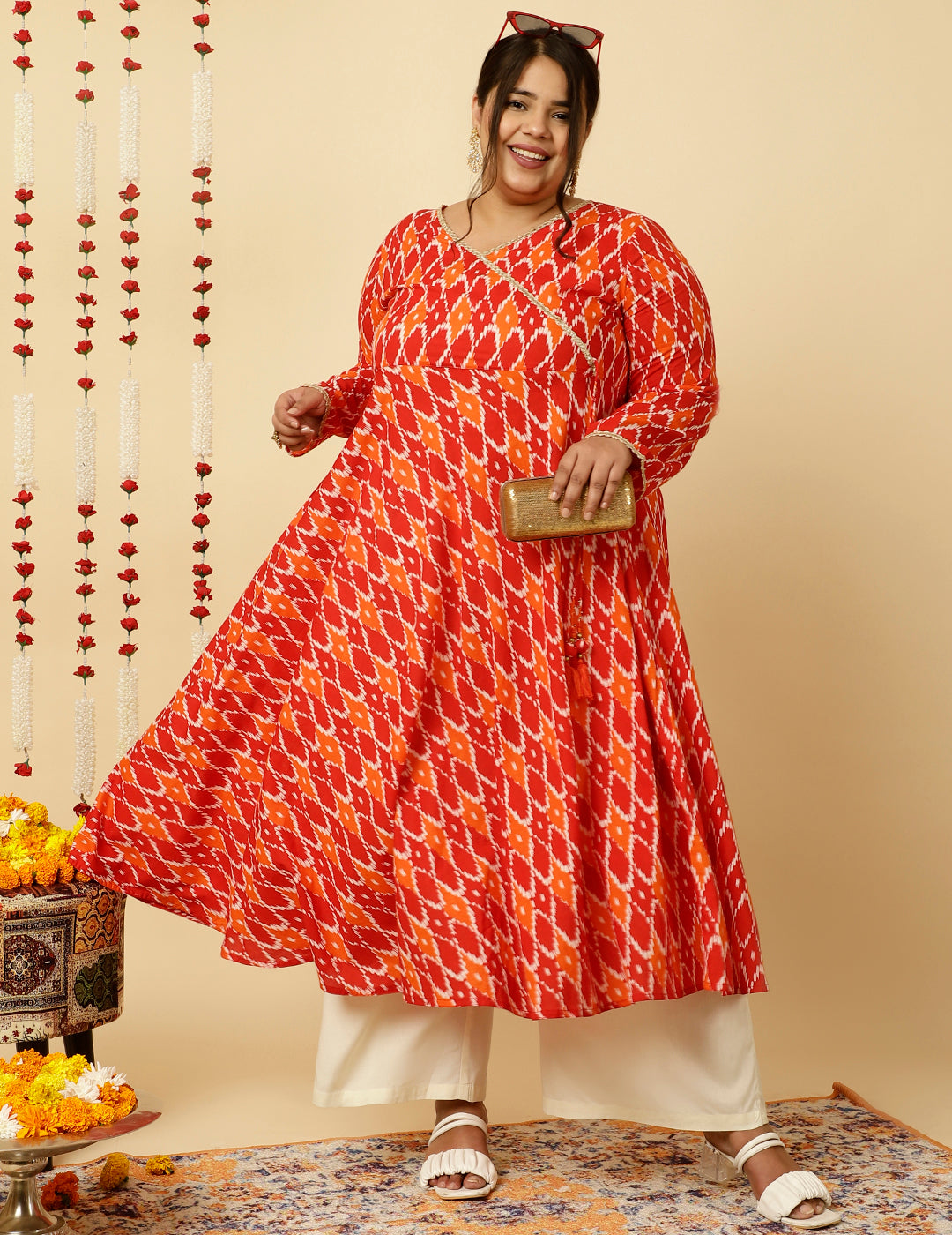 Plus Size Red Ikat Printed Angrakha Kurta