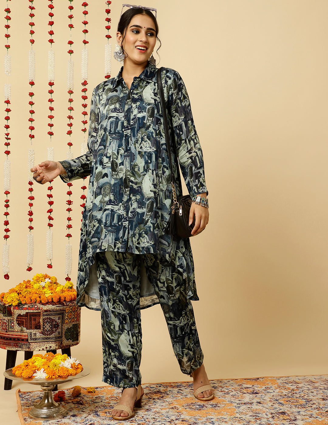 Grey Abstract Printed Embroidered Co-ord Set