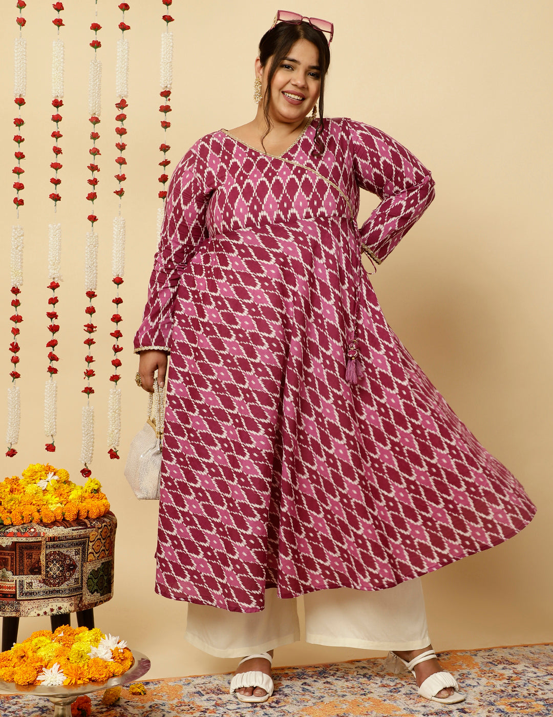 Plus Size Purple Ikat Printed Angrakha Kurta