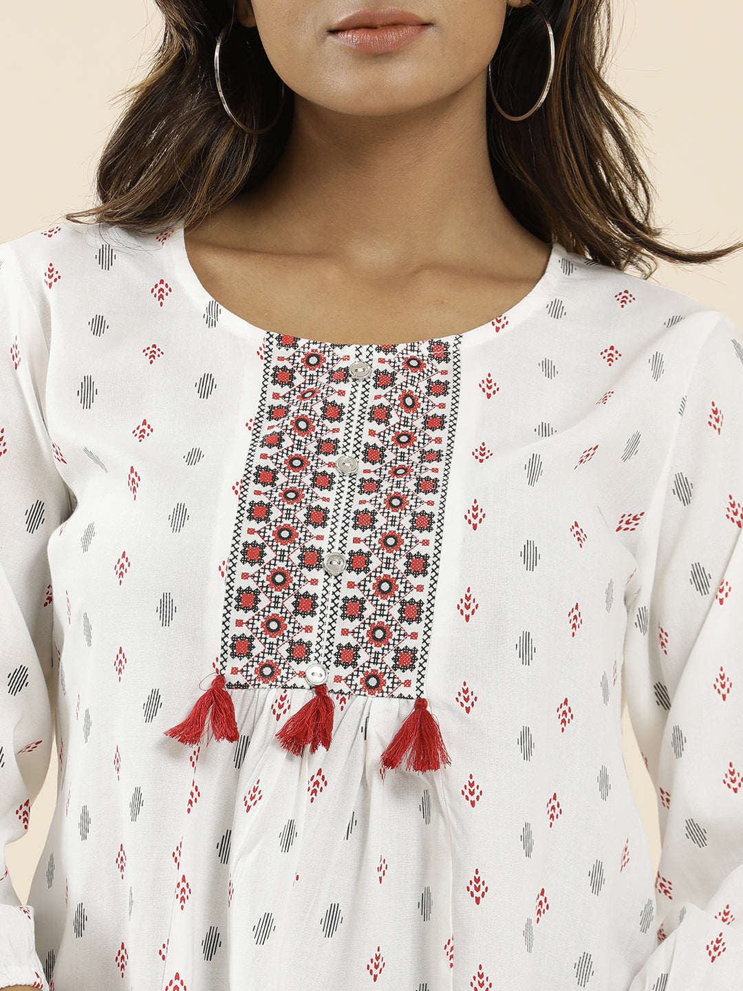 White Geometric Printed Peplum Top