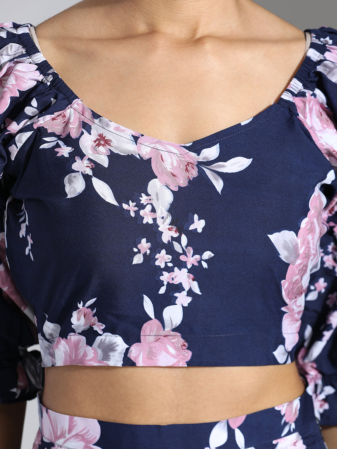 Blue Floral Printed Crop Top With Skirt Co-ord Set