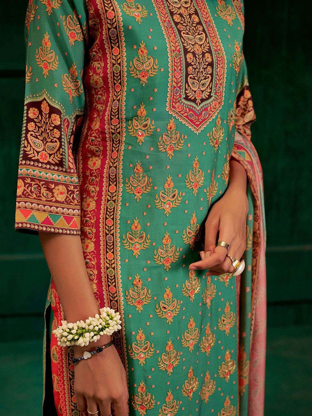 Sea Green Embellished Ethnic Printed Festive Kurta Set With Dupatta