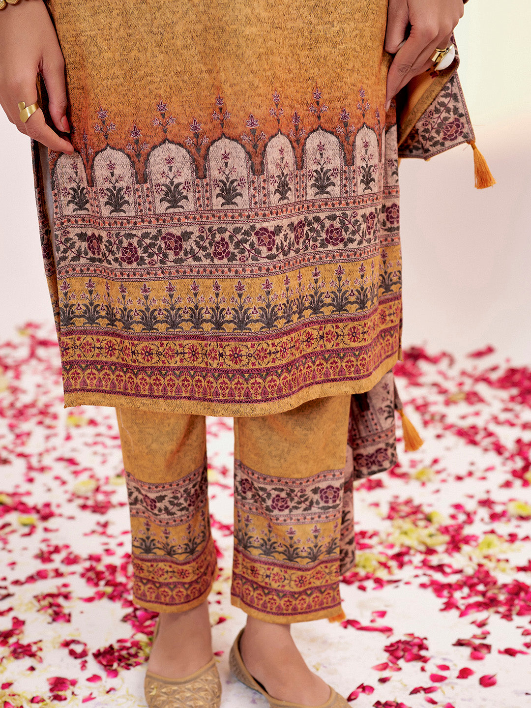 Embellished Ethnic Printed Festive Mustard Kurta Set With Dupatta