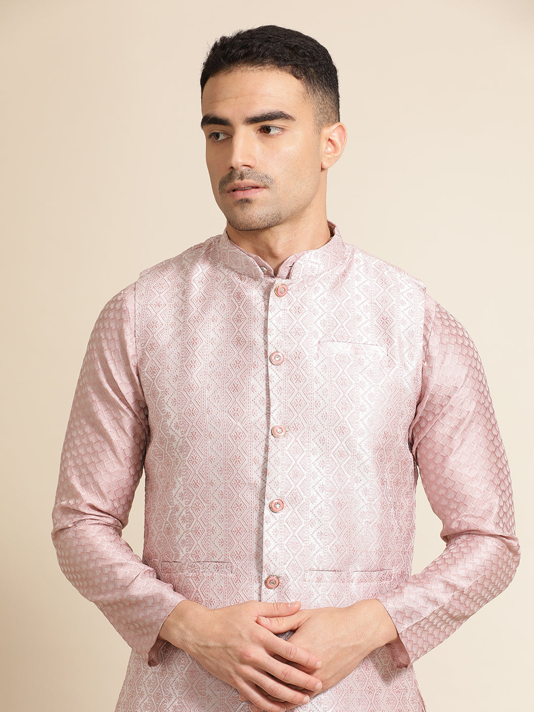 Pink Festive Kurta With Printed Nehru Jacket Set