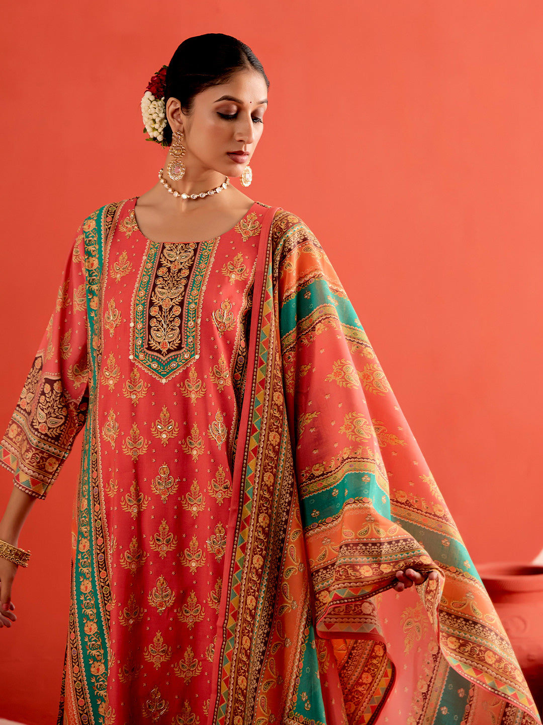 Pink Embellished Ethnic Printed Festive Kurta Set With Dupatta