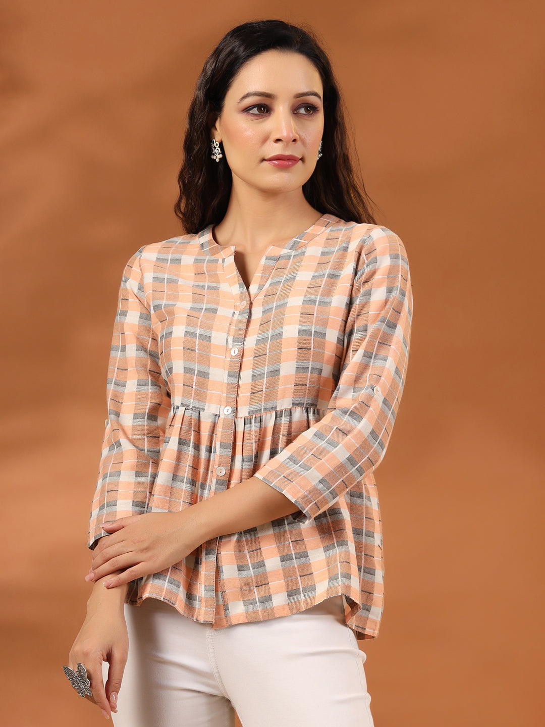 Peach And White Checks Cotton Gathered Shirt