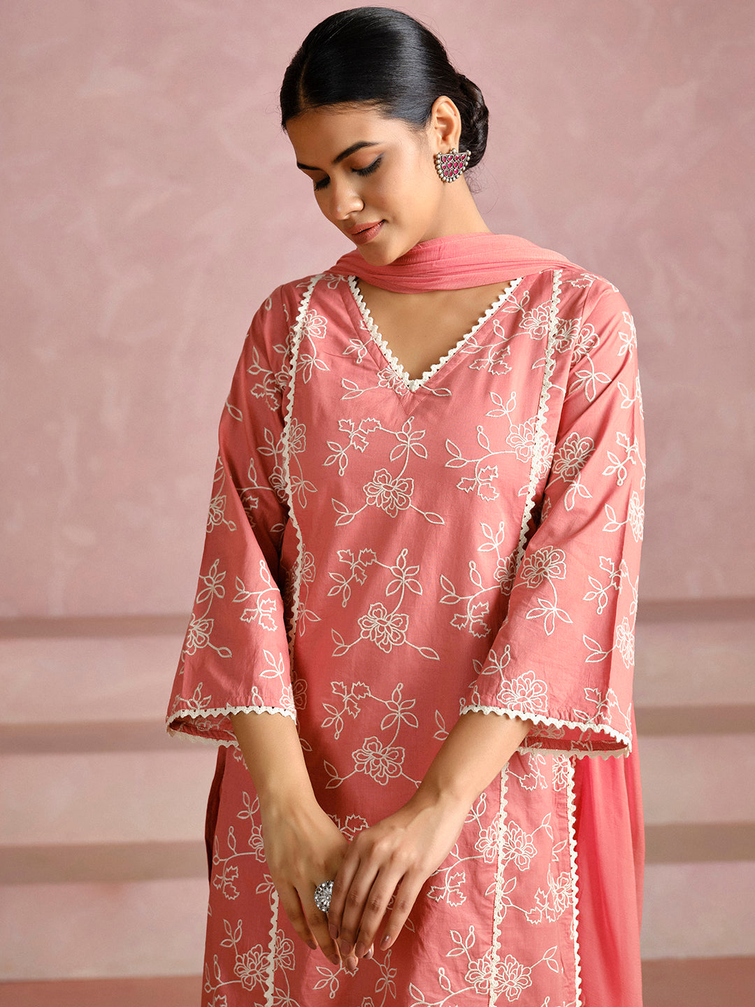 Dull Peach Floral Embroidered Cotton Kurta Set With Dupatta