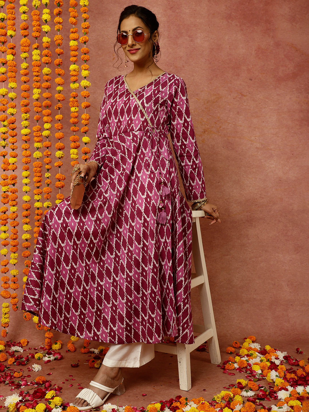 Purple Ikat Printed Angrakha Kurta