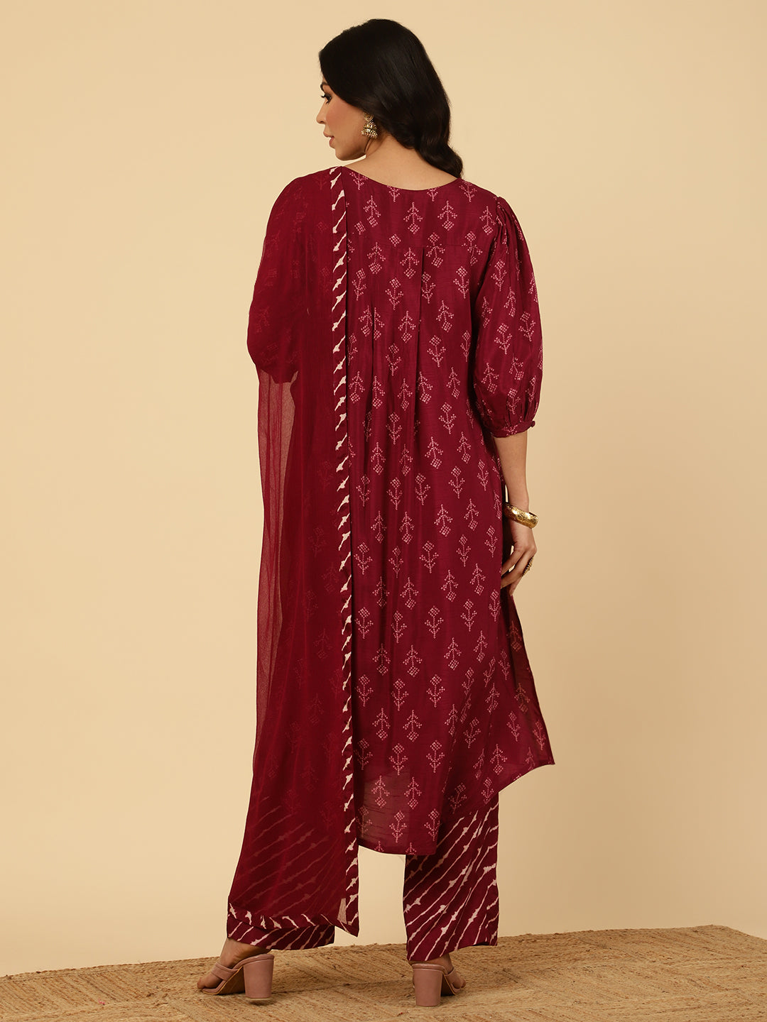 Wine Dola Silk Pleated Bandhani Kurta With Palazzo And Dupatta