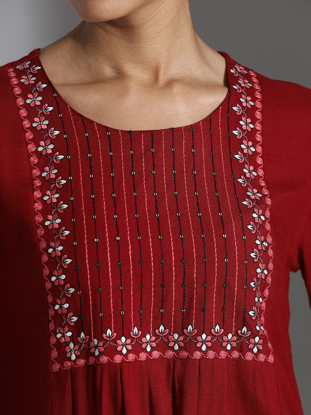 Embroidered Maroon Rayon Straight Kurta