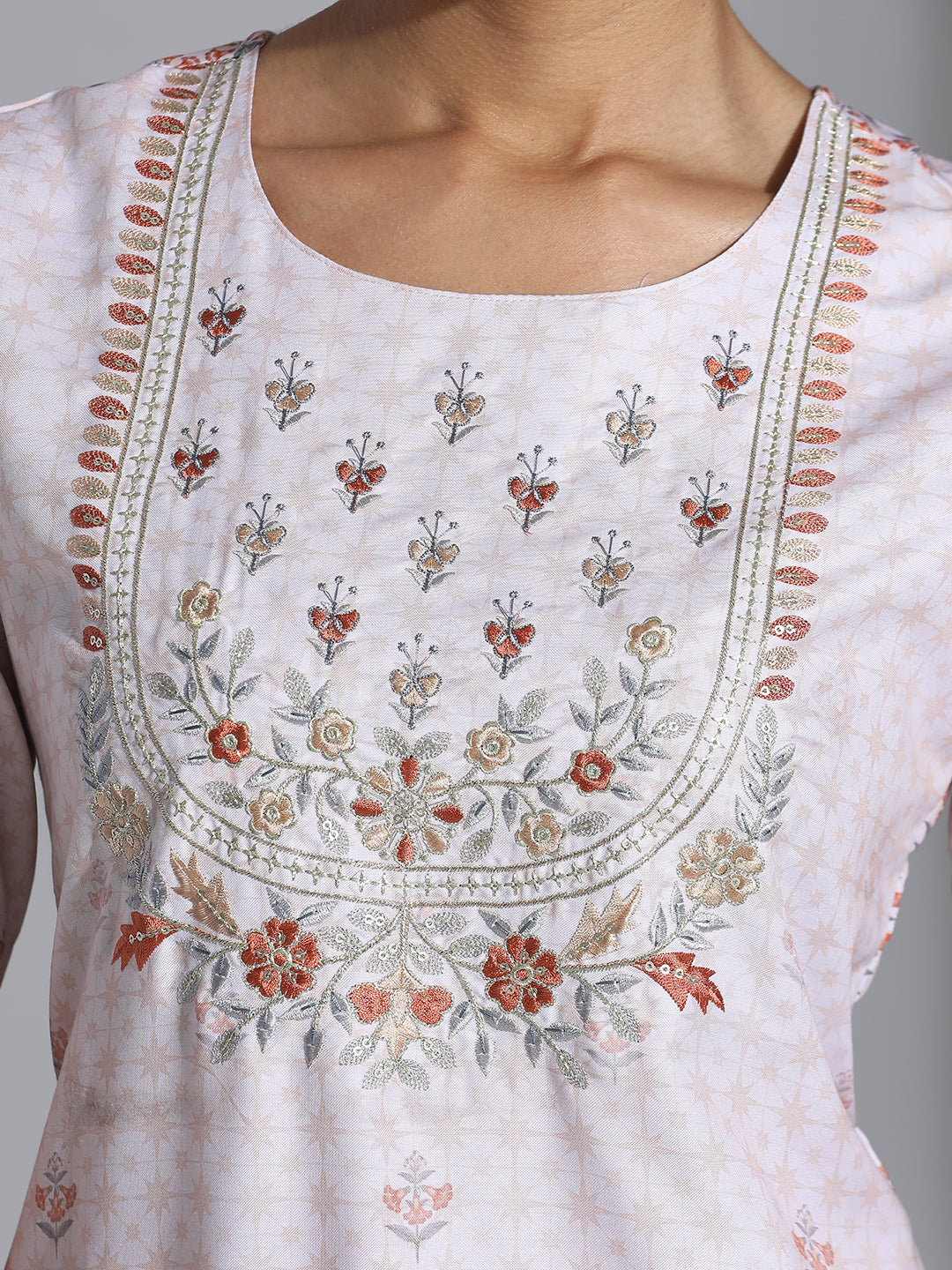 Beige Printed Poly Rayon Straight Kurta