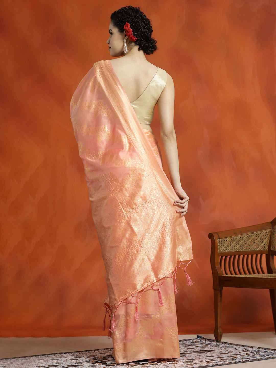 Peach Heavy Banarasi Zari Woven Silk Blend Saree