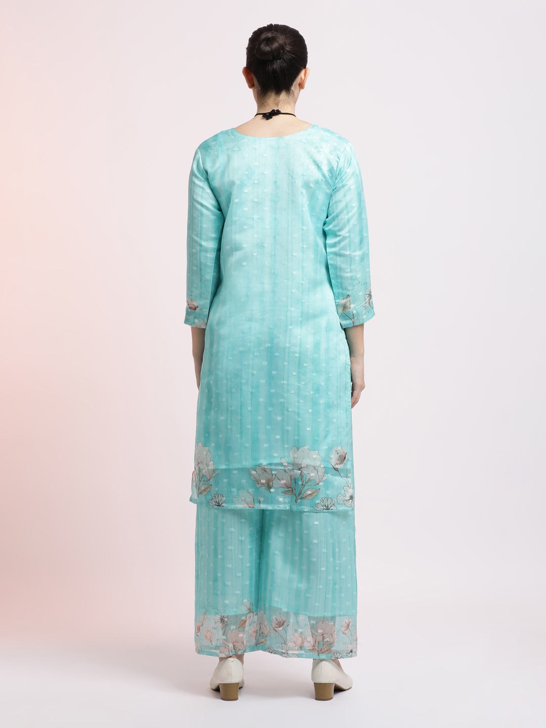 Sea Green Woven Design Organza Kurta Set With Dupatta
