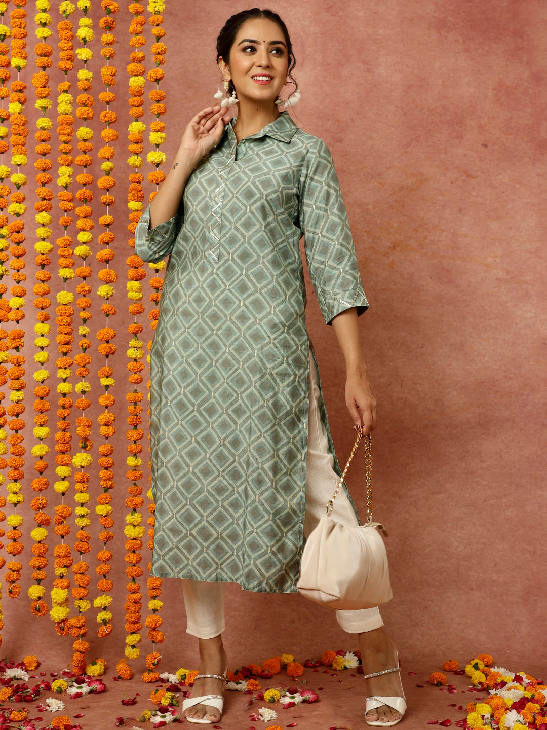 Sea Green Abstract Print Straight Kurta