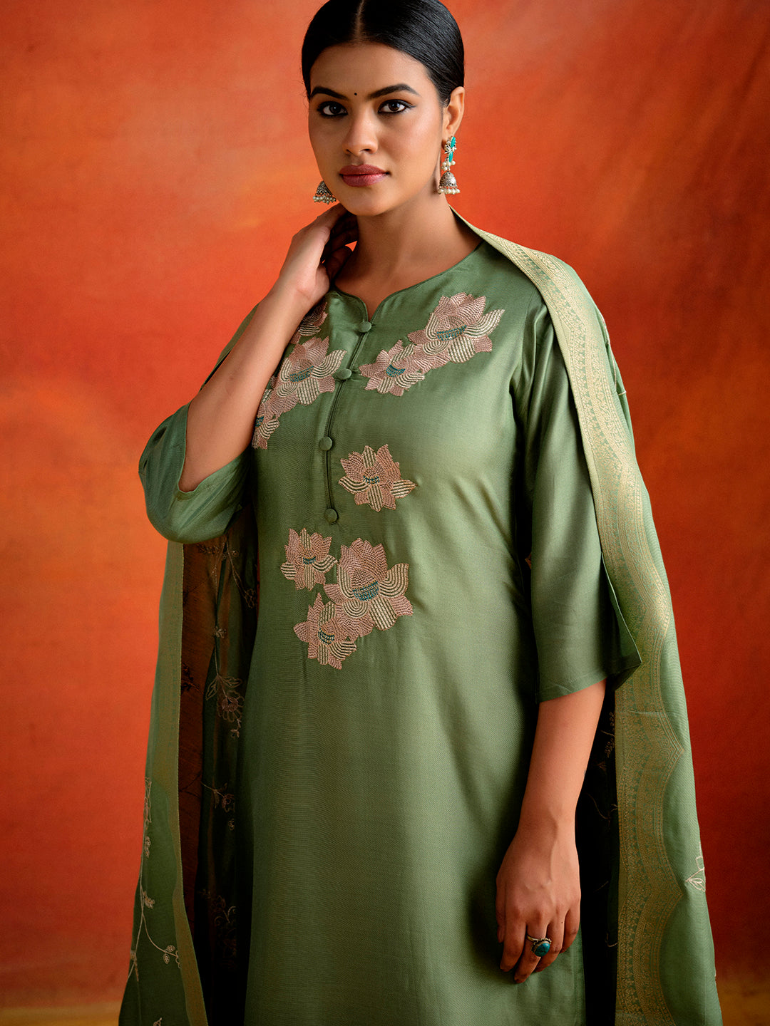 Green Hand Embroidered Festive Kurta Set With Dupatta