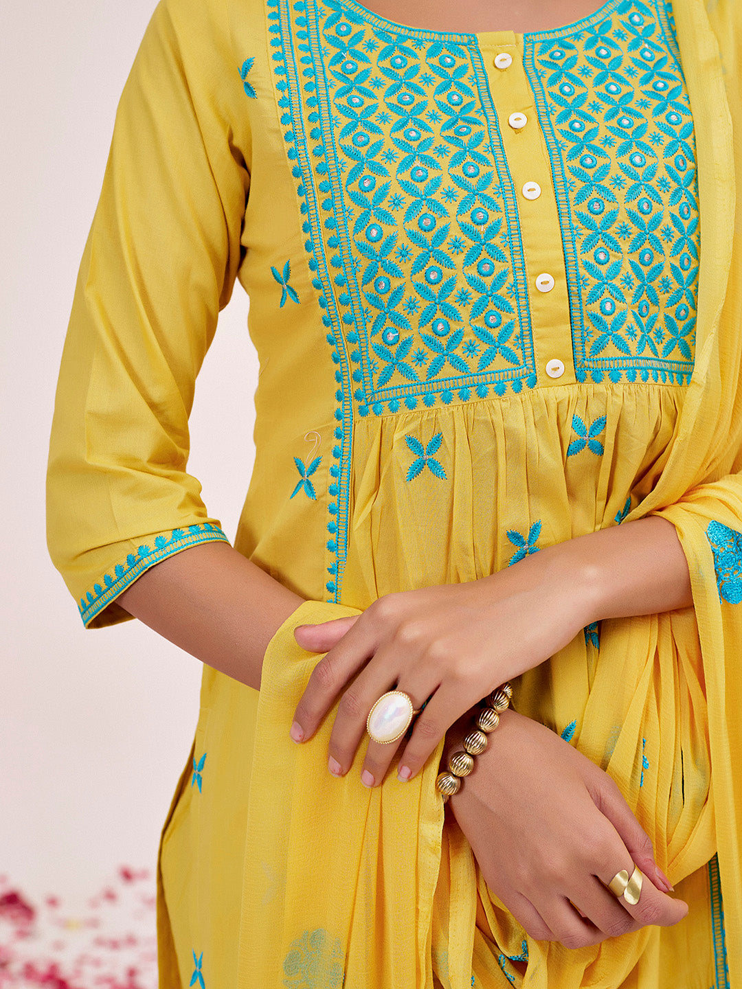 Pure Cotton Festive Chikankari Yellow Kurta Set With Dupatta