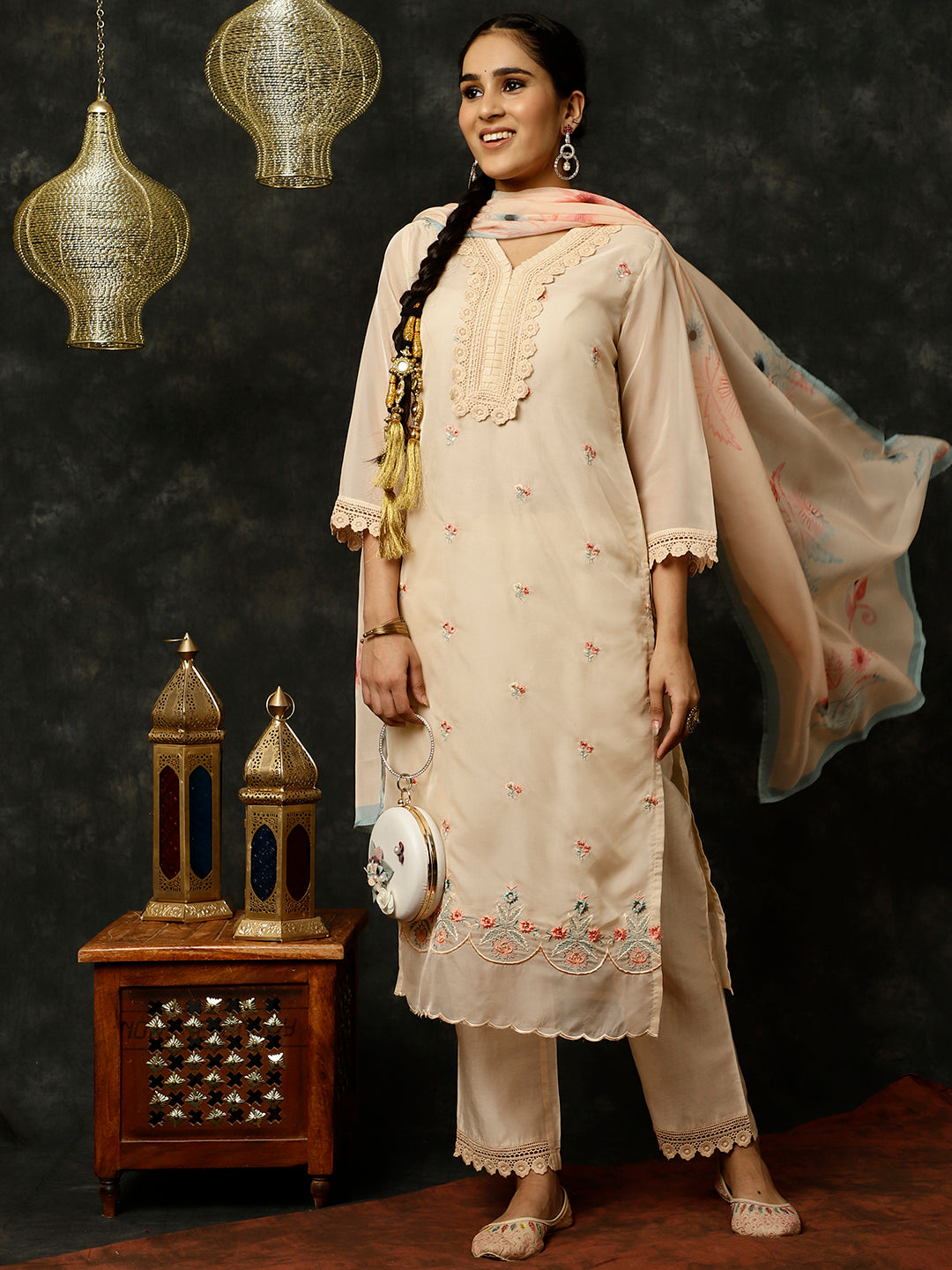 Cream Aari Work Art Silk Kurta With Pants And Dupatta