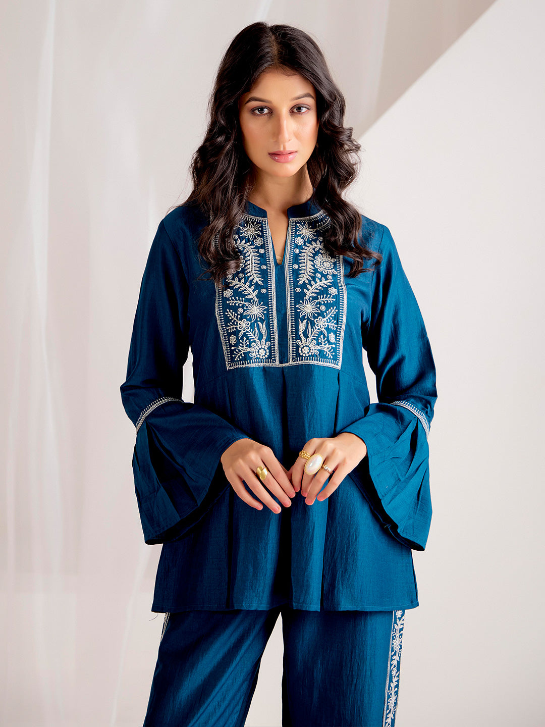 Teal Chinon Floral Embroidered Top With Trousers Co-ord Set