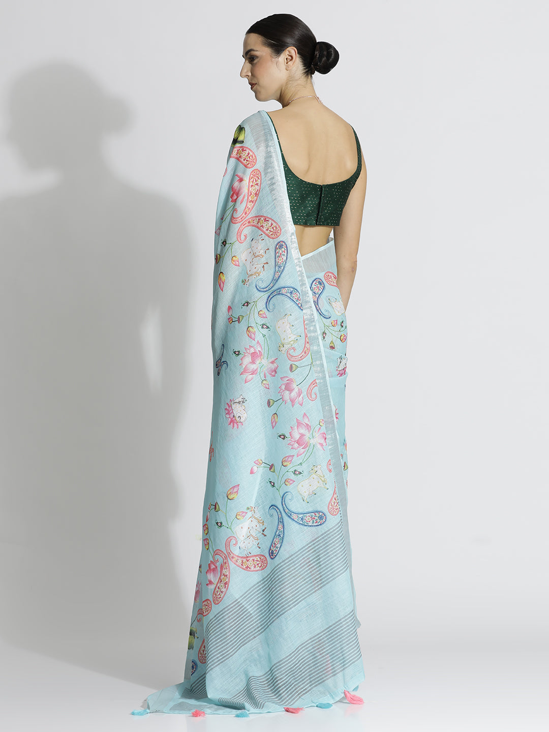 Sky Blue Pichwai Printed Daily Wear Pure Linen Saree