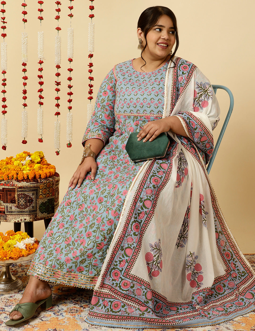 Plus Size Blue Ethnic Print Anarkali Kurta With Pants And Dupatta