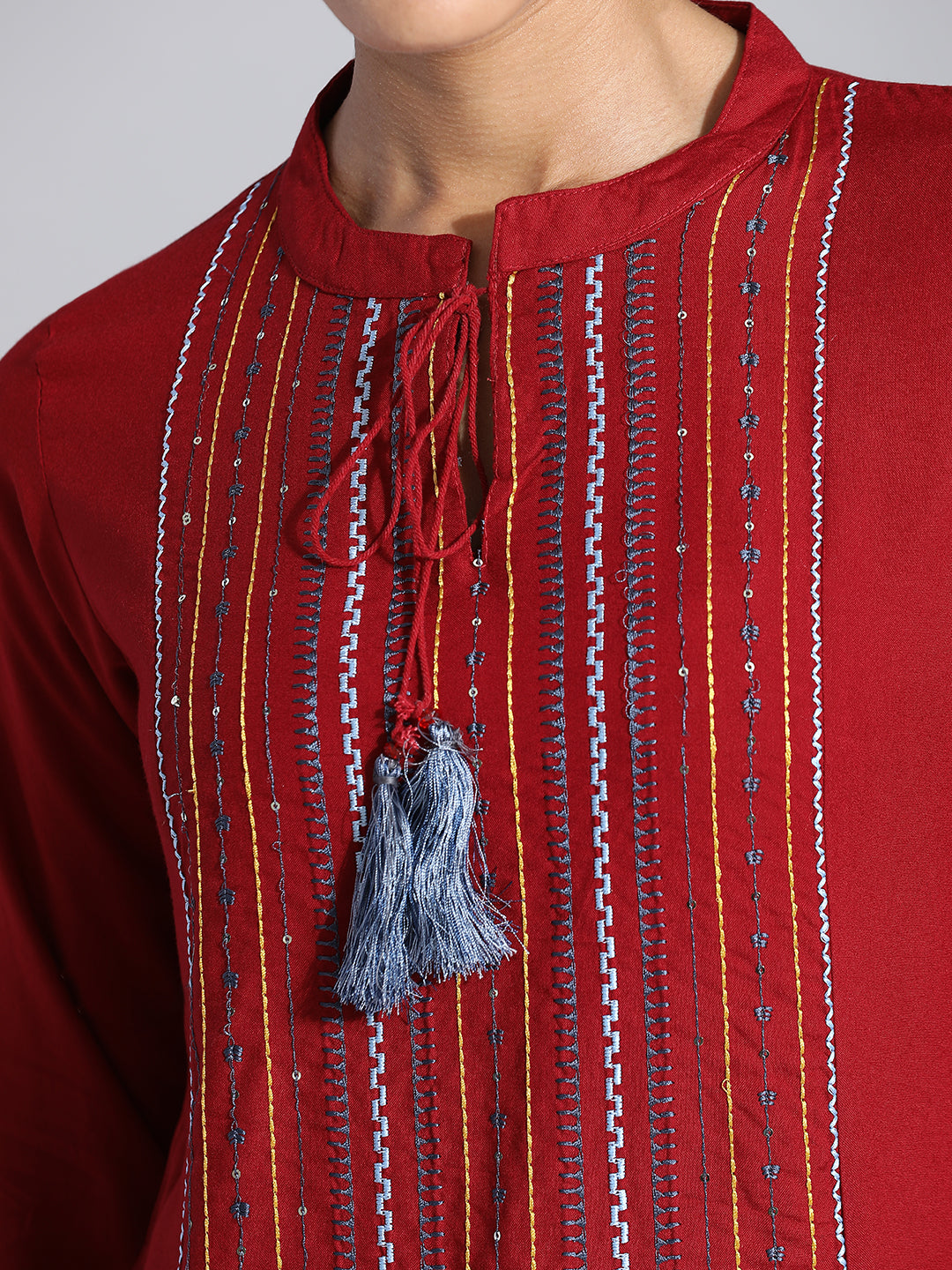 Maroon Embroidered Rayon Straight Kurta