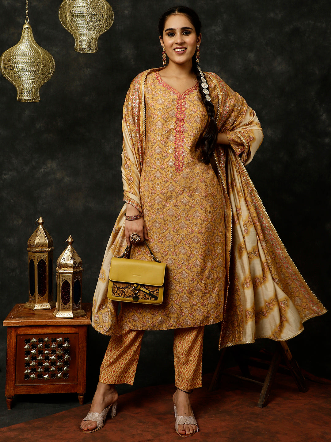 Yellow Foil Printed Kurta With Pants And Dupatta