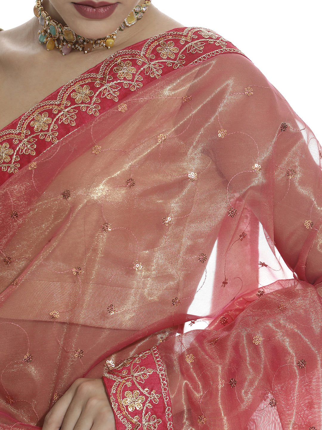 Sequin Pink Embroidered Net Party Wear Saree