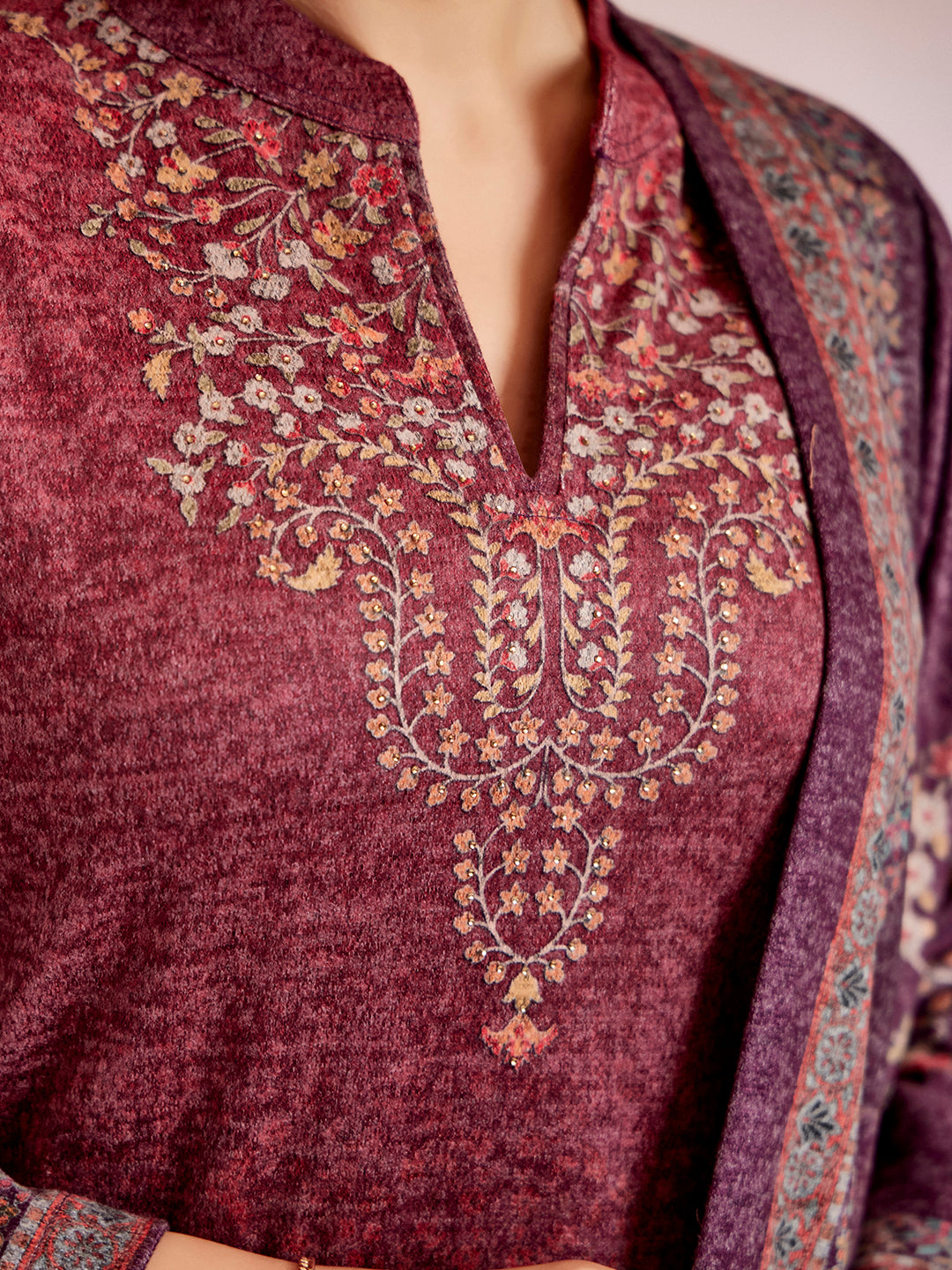 Pink Woolen Floral Printed Kurta Set With Dupatta