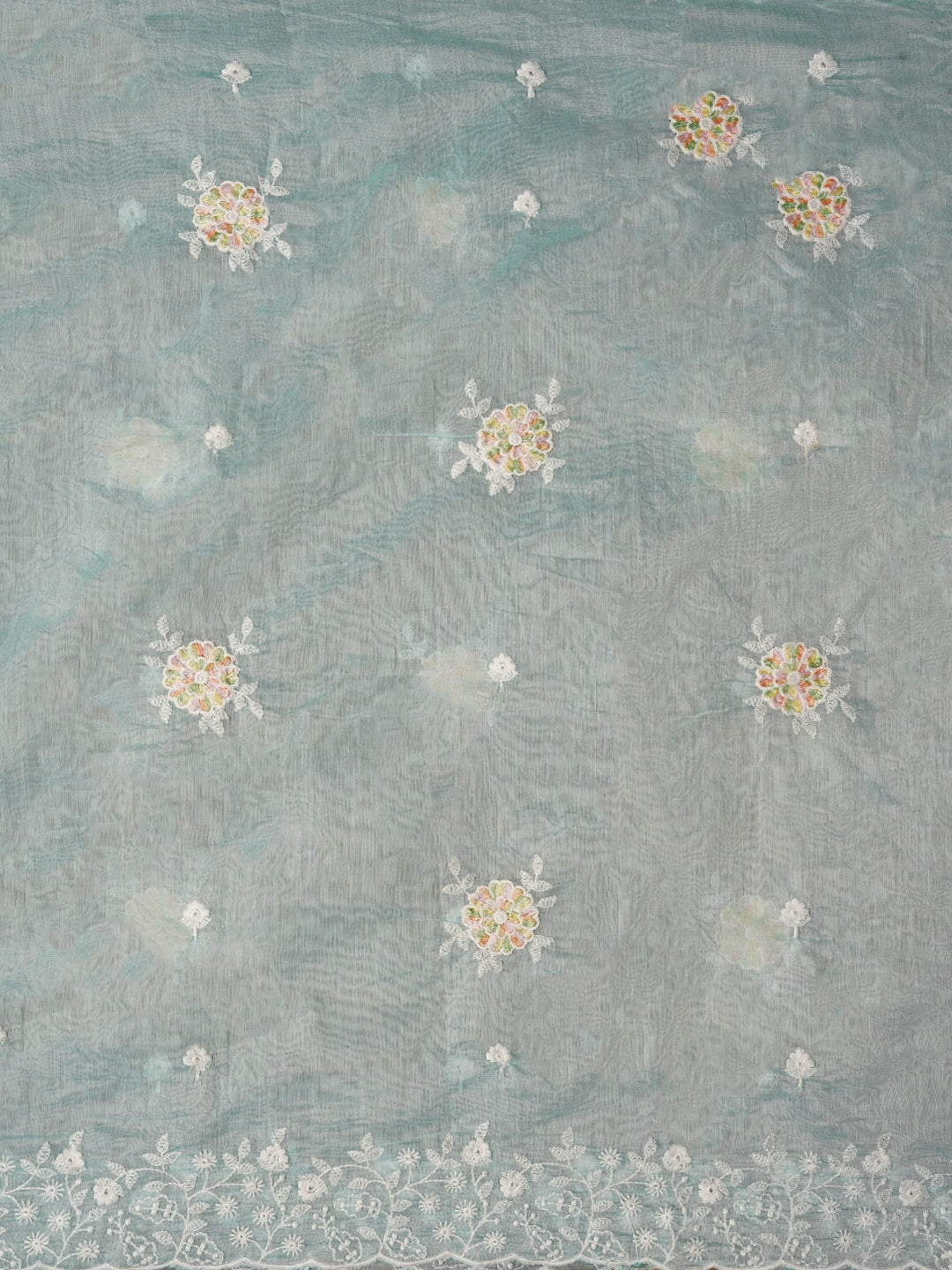 Sea Green Cotton Lucknowi Embroidered Dress Material with Dupatta