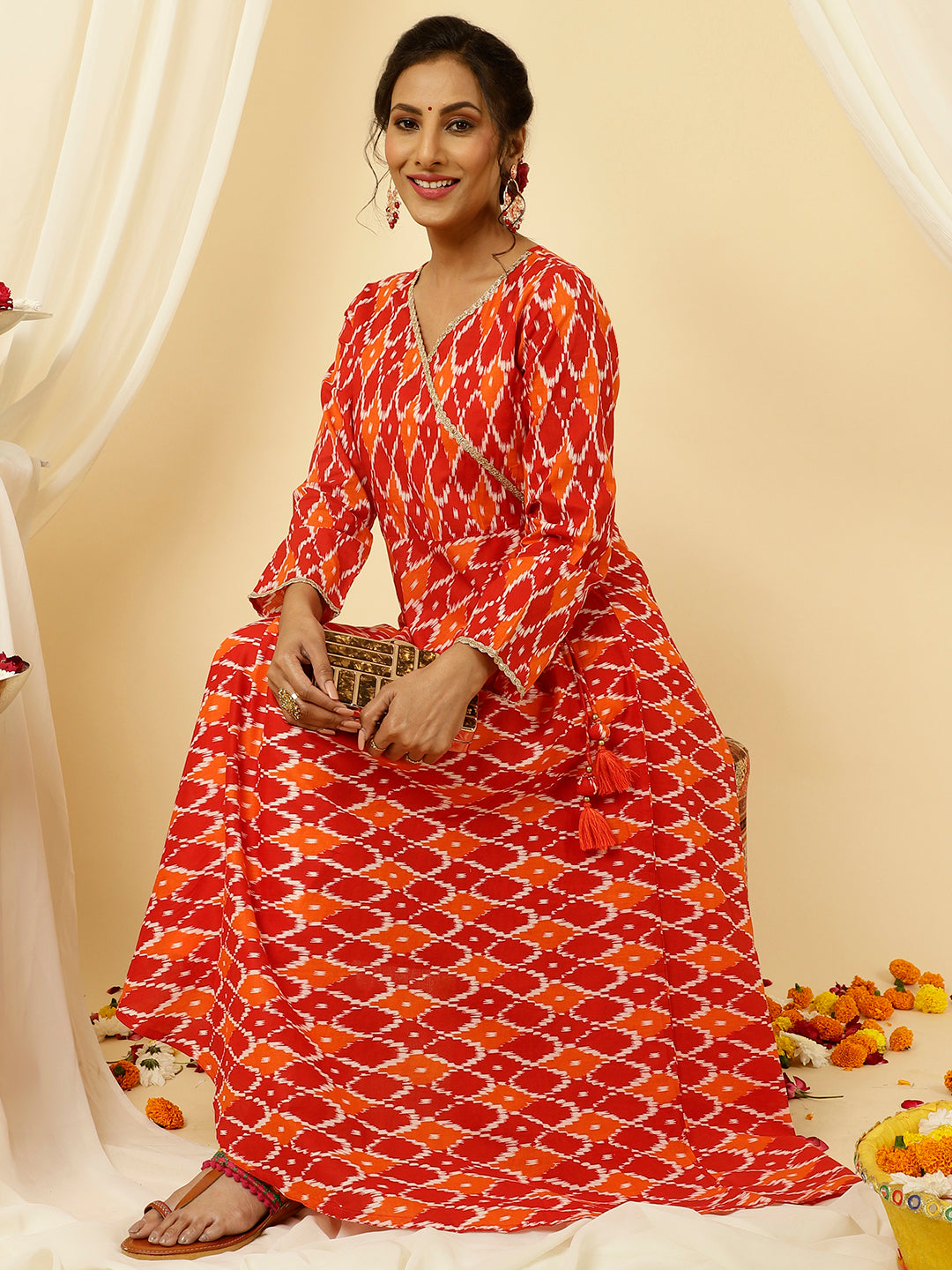 Red Ikat Printed Angrakha Kurta