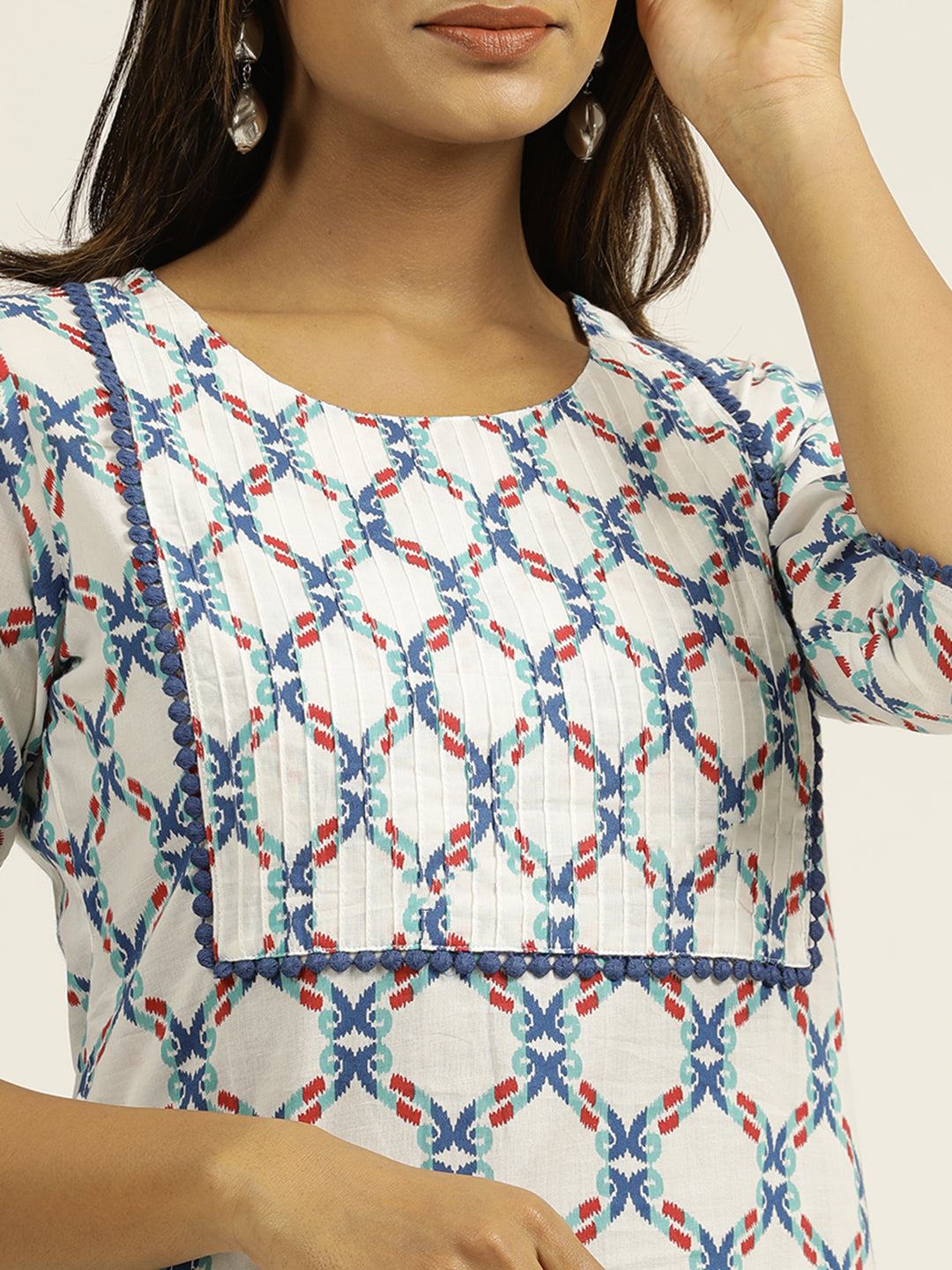 Cotton Blue Ethnic Printed White Straight Kurta