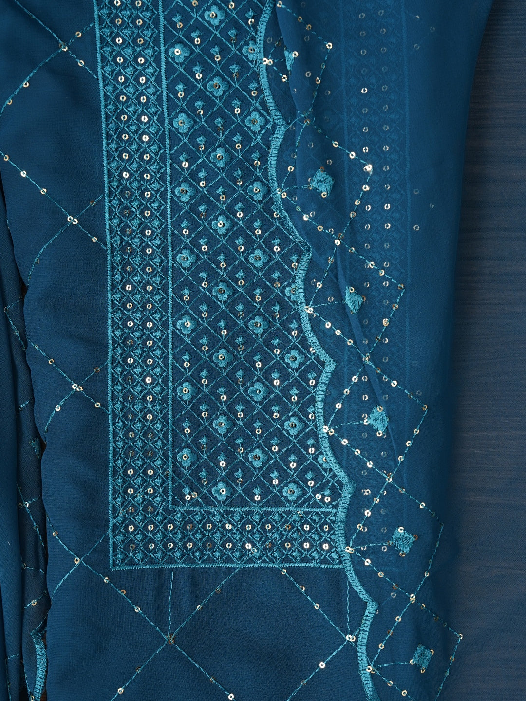 Teal Embroidered Silk Georgette Dress Material with Dupatta
