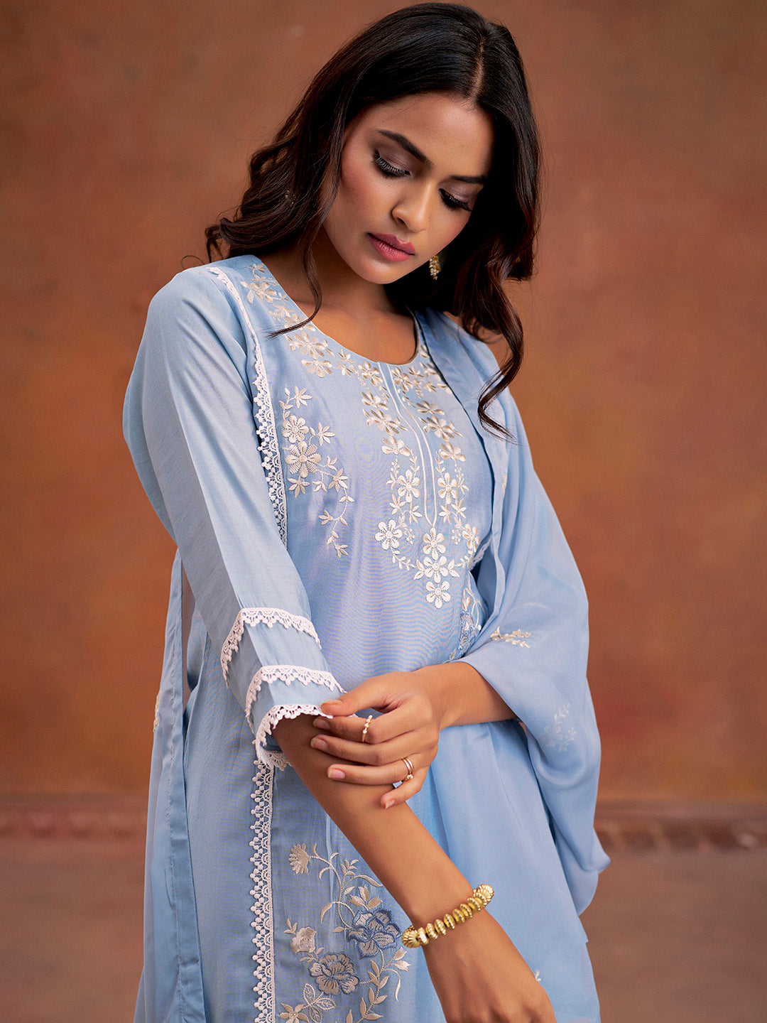 Blue Festive Embroidered Kurta Set With Dupatta