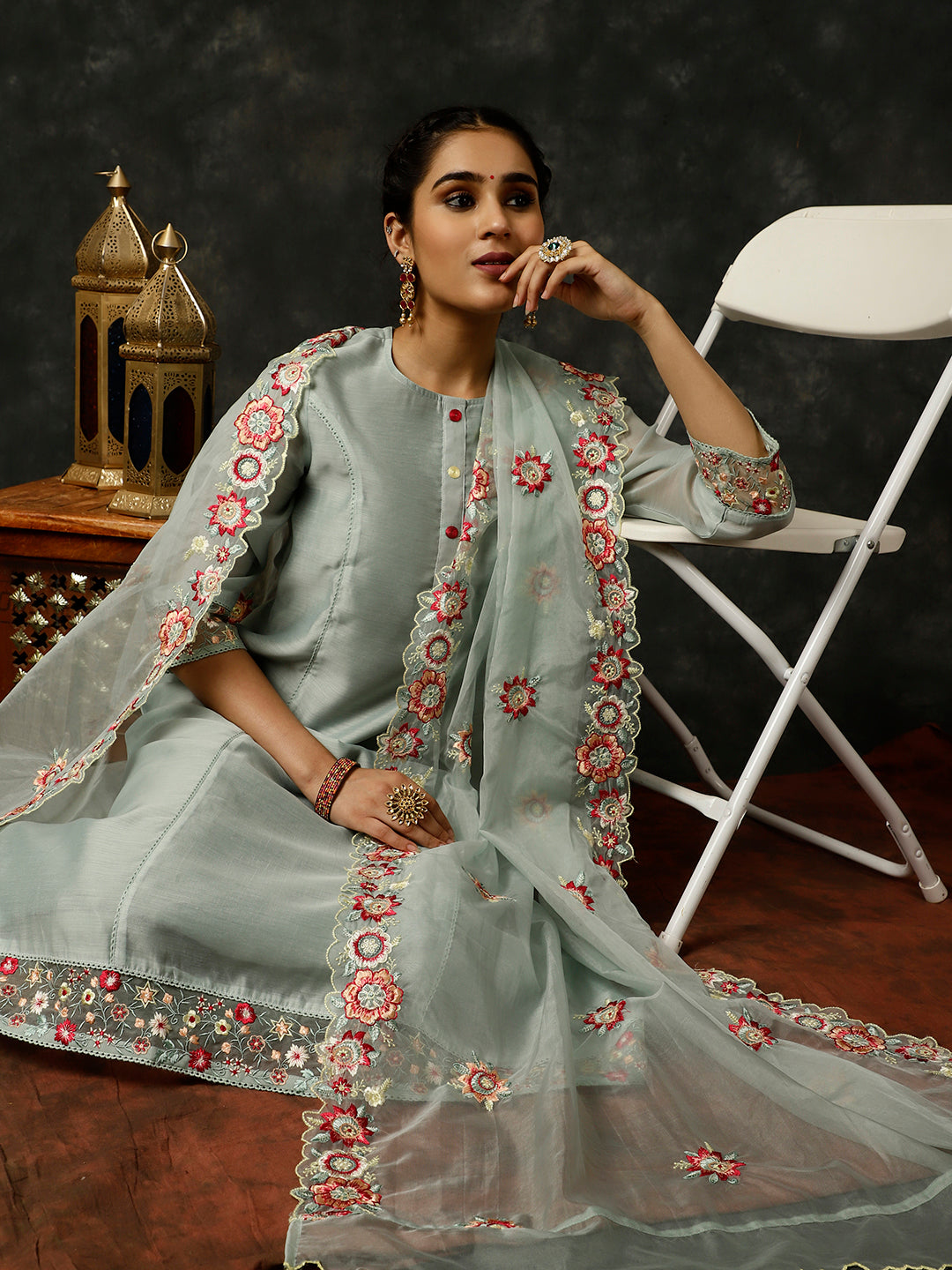 Blue A-line Kurta With Pants And Dupatta