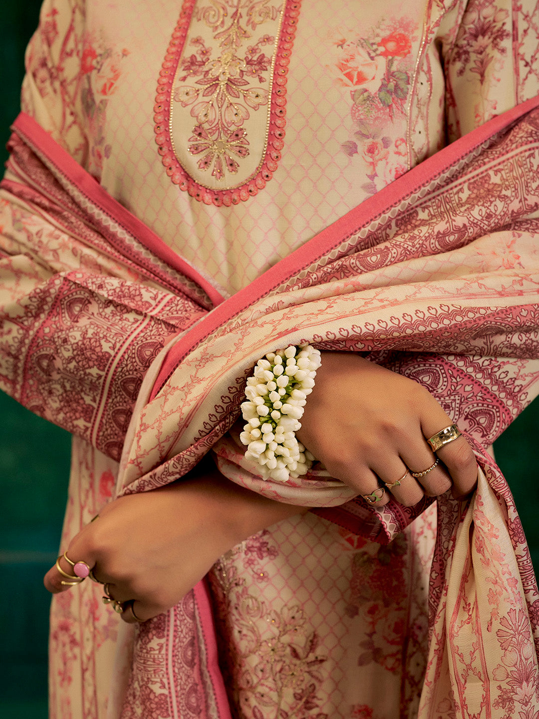 Pink Hand Embroidered Printed Kurta Set With Dupatta