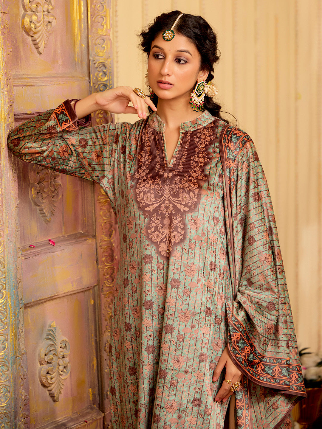 Mint Green Woolen Ethnic Printed Kurta Set With Dupatta