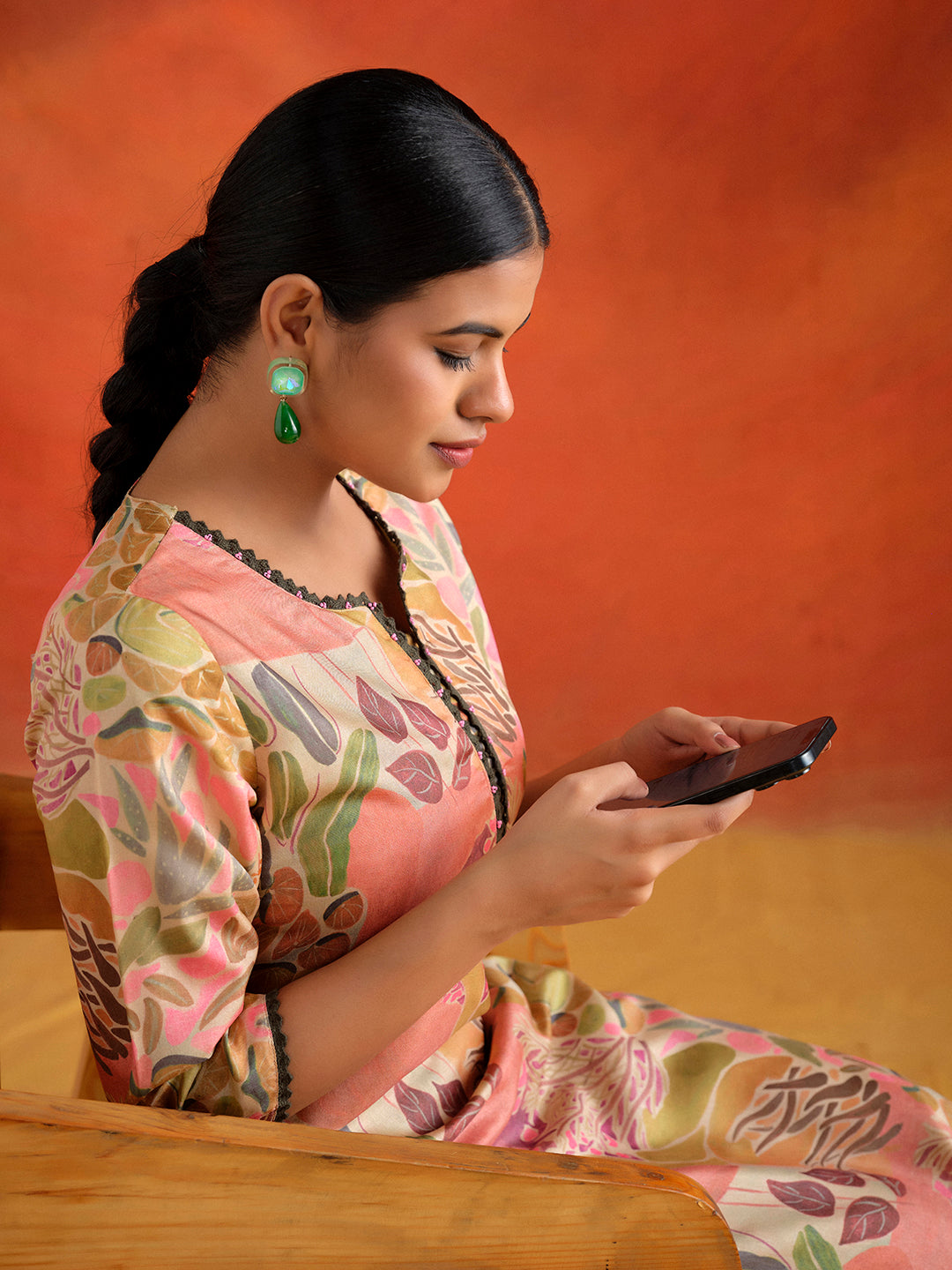 Peach Botanical Printed Embroidered Straight Kurta