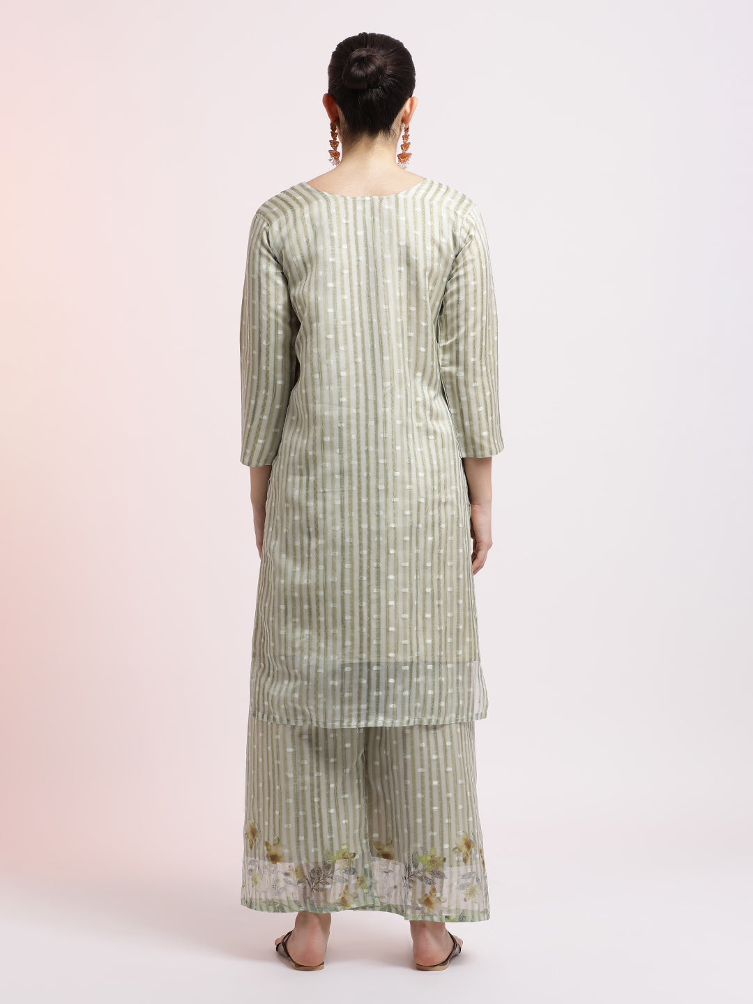 Green Woven Design Organza Kurta Set With Dupatta