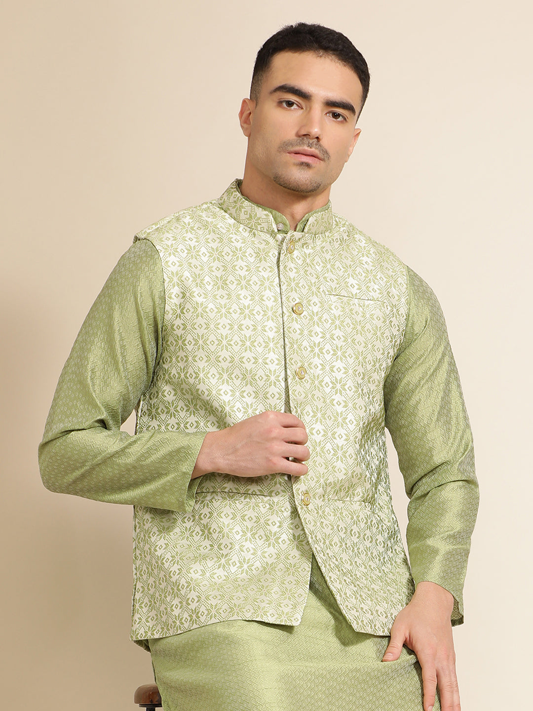 Green Silk Blend Kurta With Woven Design Nehru Jacket Set