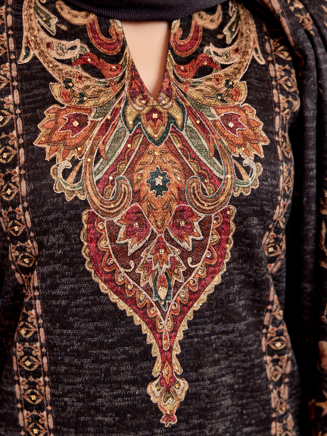 Black Woolen Ethnic Printed Kurta Set With Dupatta