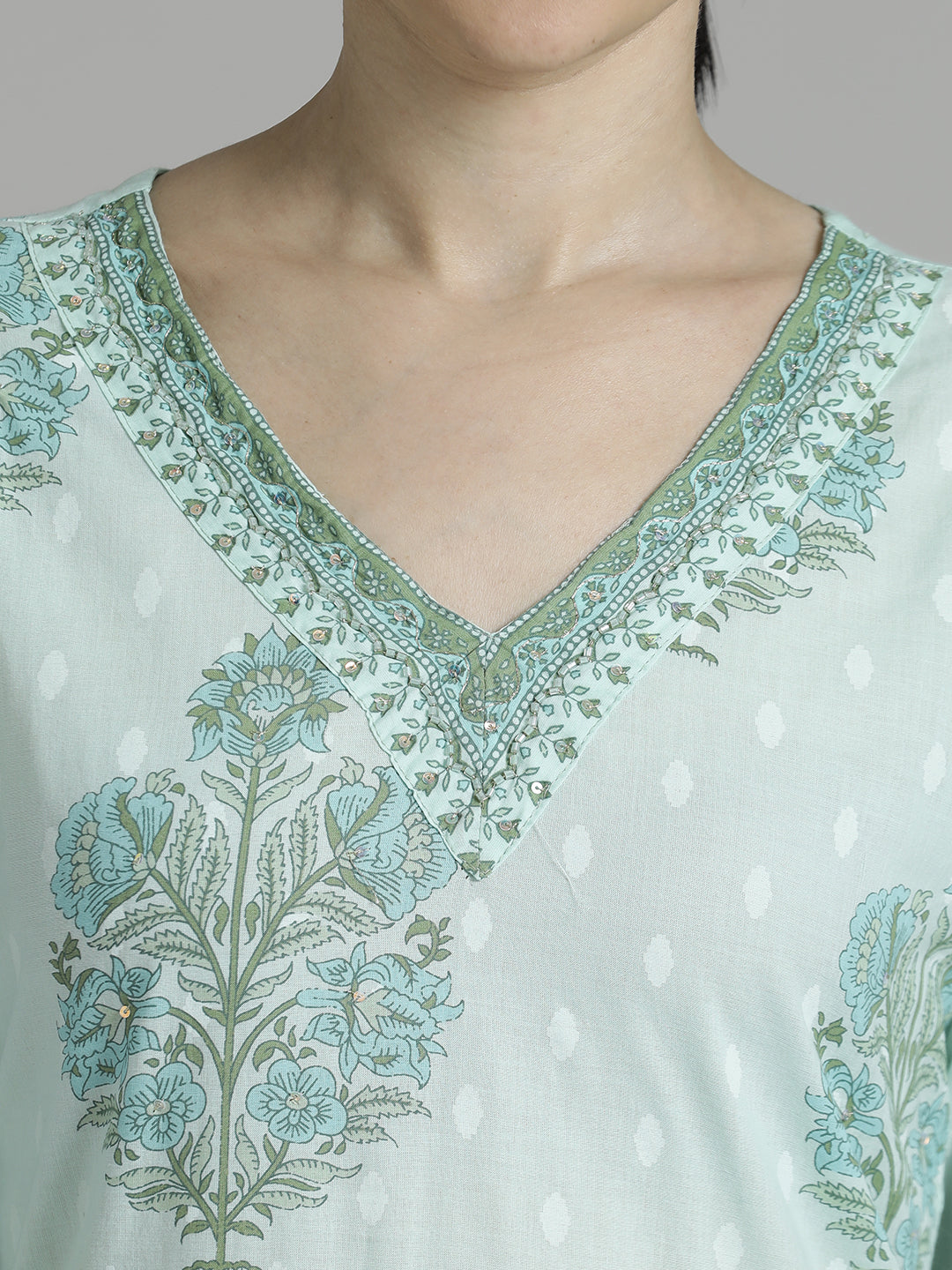 Off White Green Floral Printed Cotton Suit Set