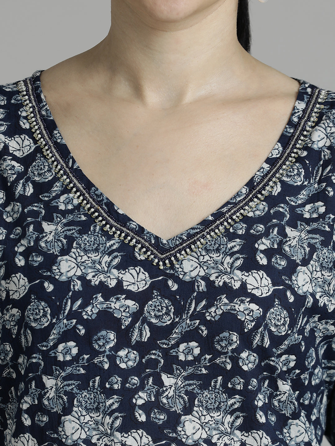 Navy Blue Floral Printed Kurta Set With Tie-Dye Dupatta