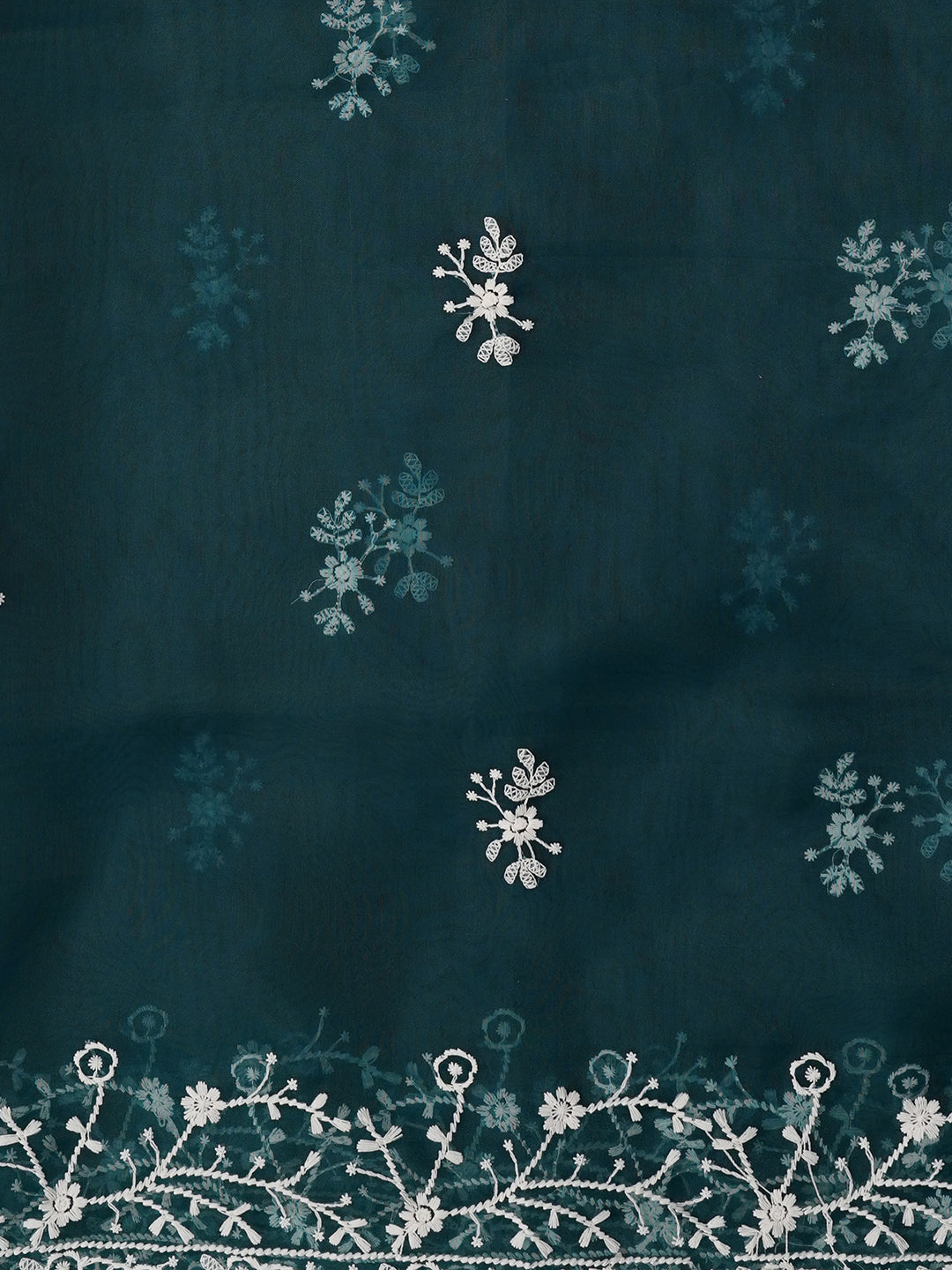 Unstitched Teal Embroidered Organza Dress Material With Dupatta