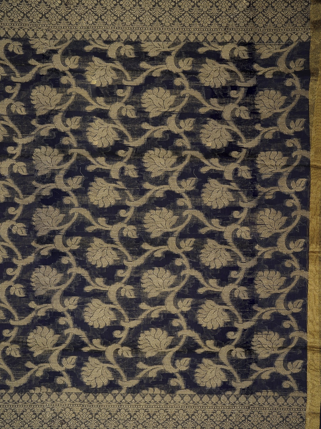 Navy Blue Zari Silk Blend Embellished Dress Material with Dupatta